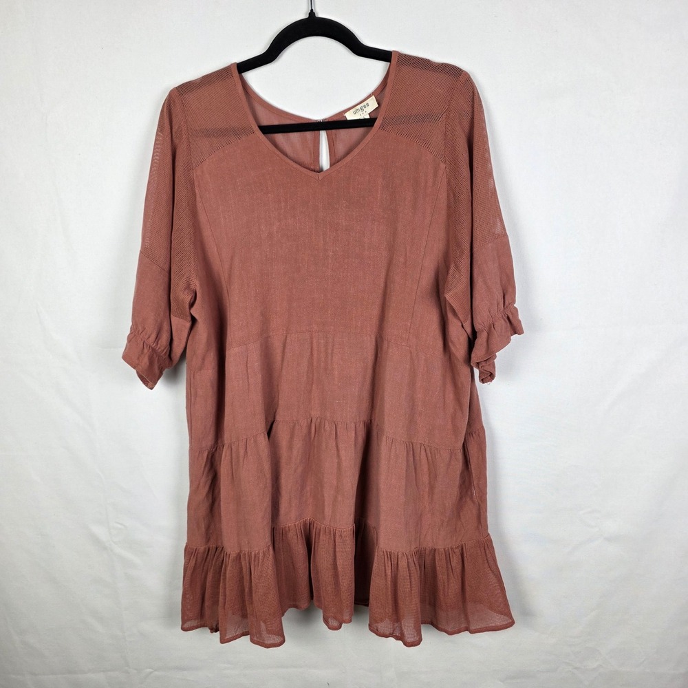 Umgee Women Rose Linen Blend Tiered Babydoll Tunic Top Mesh Detail C2289 Size L